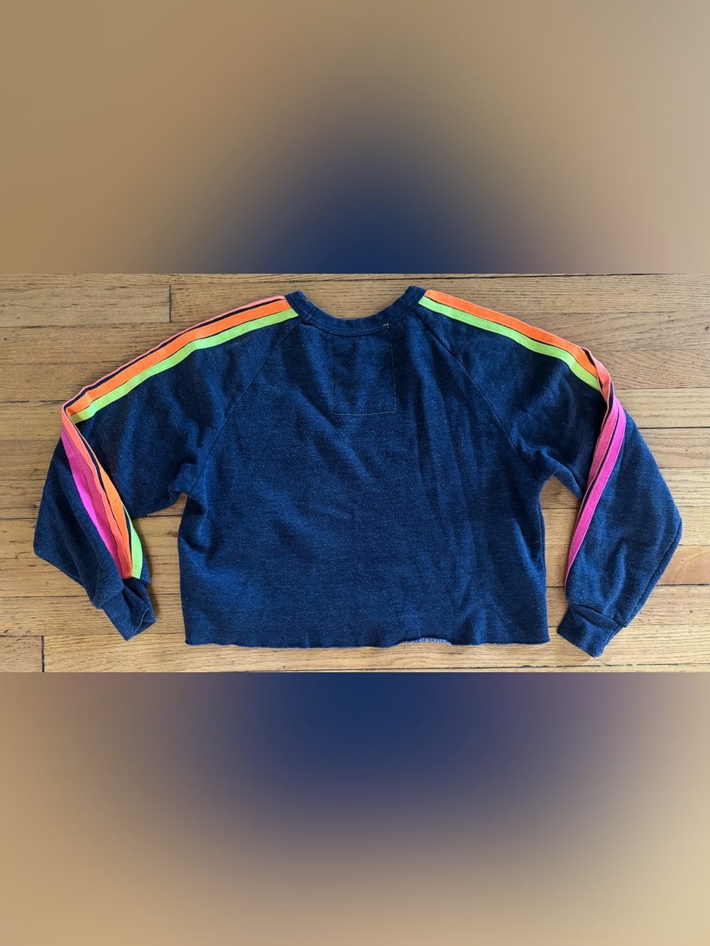 Aviator Nation Navy Cropped Crewneck Sweatshirt with Neon Bolt and Stripes - Picture 8 of 9